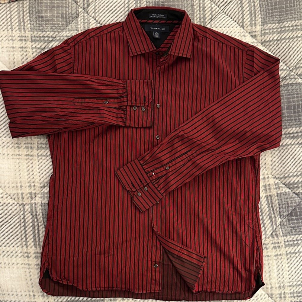 Tommy Hilfiger Burgandy and Black Striped Dress Shirt